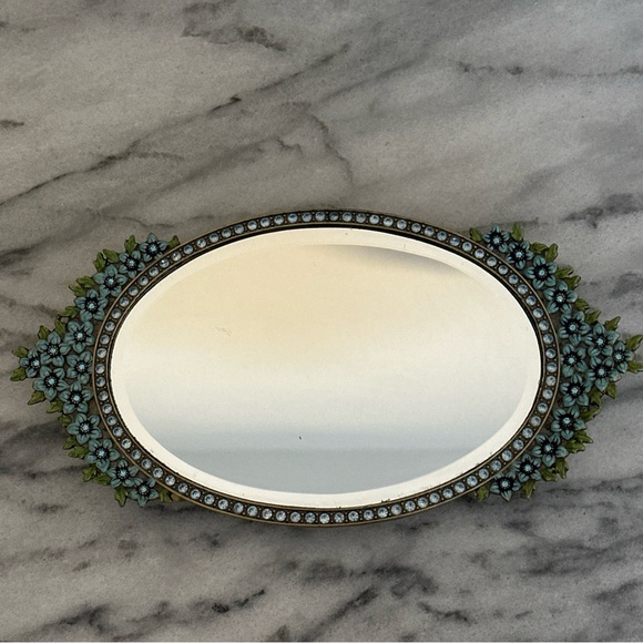 Two’a company vanity mirror handle tray enamel Floral Oval Blue Green crystals - Picture 1 of 13